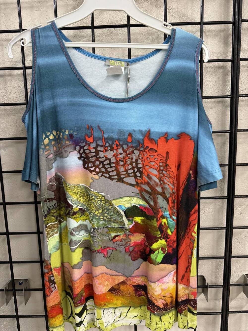 NEW DOLCEZZA women's peekaboo shoulder top in lime/orange/turquoise